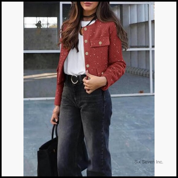 Tweed Blazer Cropped Collarless Button Down Long Sleeve with Pockets - Picture 3 of 6